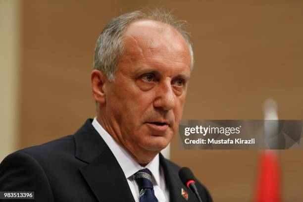 Muharrem Ince, presidential candidate of main opposition Republican People's Party holds a news conference evaluating the election results on June...