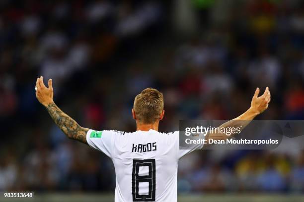 Toni Kroos of Germany reacts during the 2018 FIFA World Cup Russia group F match between Germany and Sweden at Fisht Stadium on June 23, 2018 in...