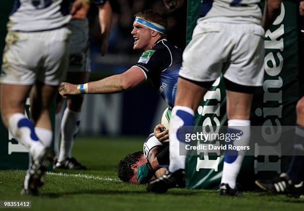 Jamie Heaslip, the Leinster number 8 celebrates after scoring his second try during the Heinken Cup quarter final match between Leinster and Clermont...