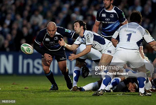 Morgan Parra of Clermont passes the ball during the Heinken Cup quarter final match between Leinster and Clermont Auvergne at the RDS on April 9,...