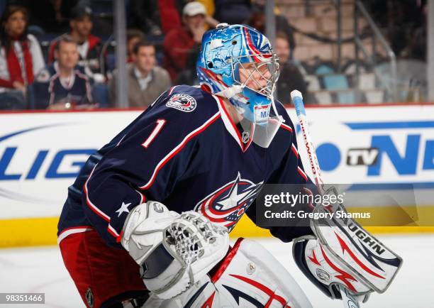 Goaltender Steve Mason of the Columbus Blue Jackets defends his net during their NHL game against the Edmonton Oilers on March 15, 2010 at Nationwide...