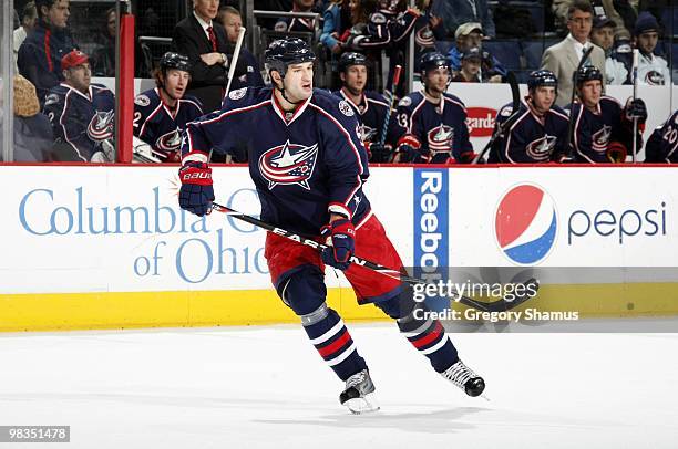 Fedor Tyutin of the Columbus Blue Jackets skates during their NHL game against the Edmonton Oilers on March 15, 2010 at Nationwide Arena in Columbus,...