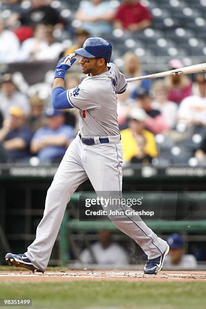 James Loney of the Los Angeles Dodgers hits a RBI single during the game between the Los Angeles Dodgers and the Pittsburgh Pirates on Thursday,...