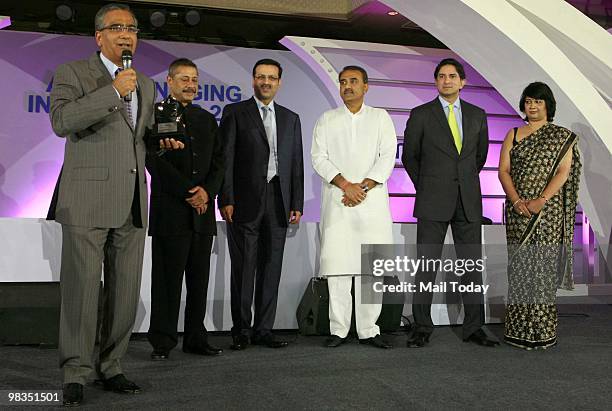 Chairman and Editor-in-chief of India Today Aroon Purie, Naresh Trehan, chairman of Mediciti, Sanjiv Goenka, president, AIMA and PrafuL Patel, Union...