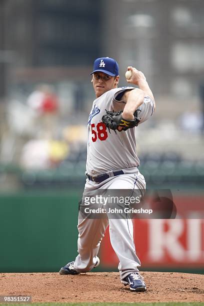 Chad Billingsley of the Los Angeles Dodgers delivers a pitch during the game between the Los Angeles Dodgers and the Pittsburgh Pirates on Thursday,...