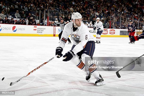 Ryan Whitney of the Edmonton Oilers skates on defense during their NHL game against the Columbus Blue Jackets on March 15, 2010 at Nationwide Arena...