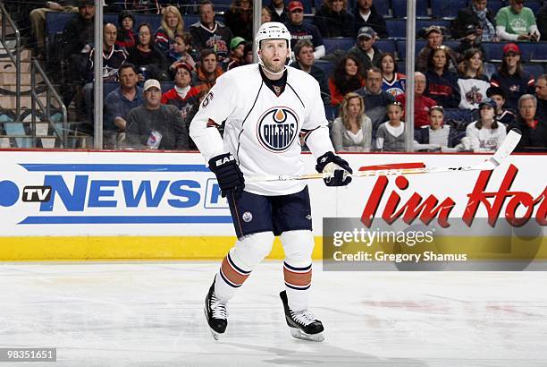 Ryan Whitney of the Edmonton Oilers skates during their NHL game against the Columbus Blue Jackets on March 15, 2010 at Nationwide Arena in Columbus,...