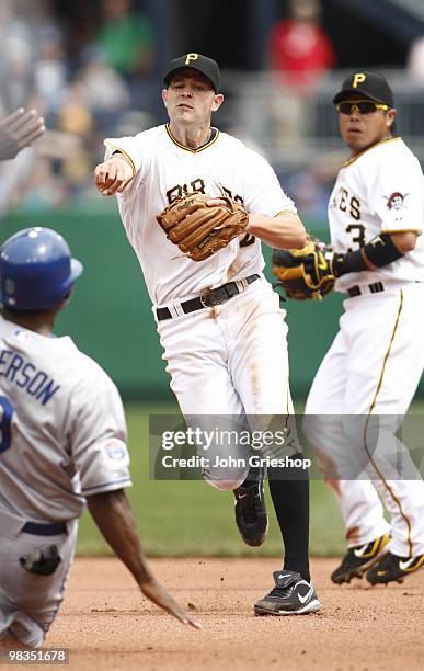 Bobby Crosby attempts the turn on the double play during the game between the Los Angeles Dodgers and the Pittsburgh Pirates on Thursday, April 8 at...
