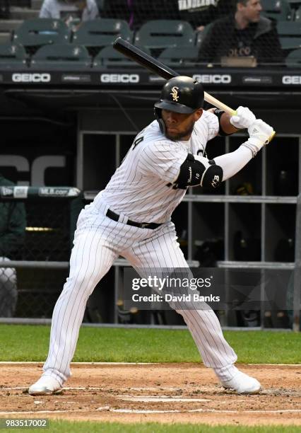 Yoan Moncada of the Chicago White Sox bats against the Oakland Athletics in game two of a doubleheader on June 22, 2018 at Guaranteed Rate Field in...