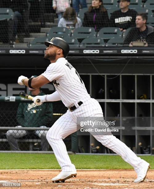 Yoan Moncada of the Chicago White Sox bats against the Oakland Athletics in game two of a doubleheader on June 22, 2018 at Guaranteed Rate Field in...