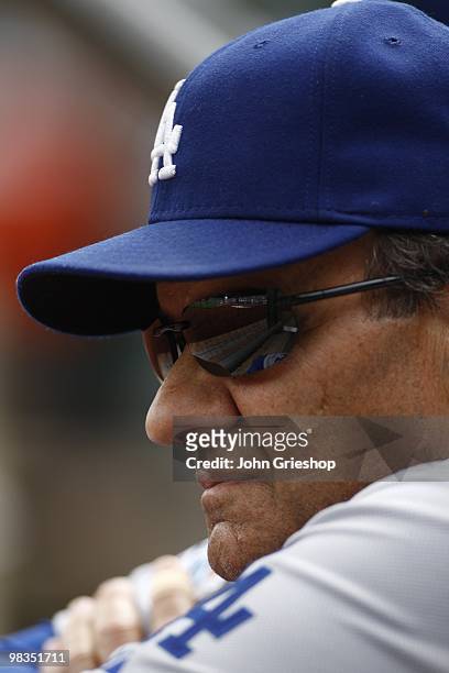 Manager Joe Torre of the Los Angeles Dodgers watches his team during the game between the Los Angeles Dodgers and the Pittsburgh Pirates on Thursday,...