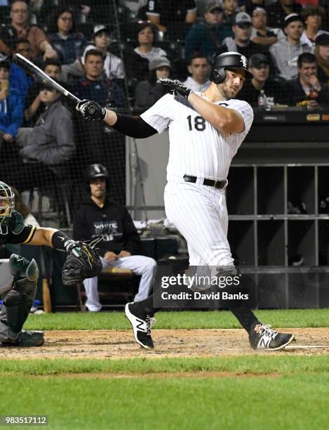 Daniel Palka of the Chicago White Sox bats against the Oakland Athletics in game two of a doubleheader on June 22, 2018 at Guaranteed Rate Field in...