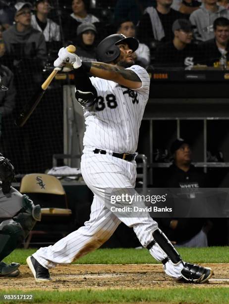 Omar Narvaez of the Chicago White Sox bats against the Oakland Athletics in game two of a doubleheader on June 22, 2018 at Guaranteed Rate Field in...