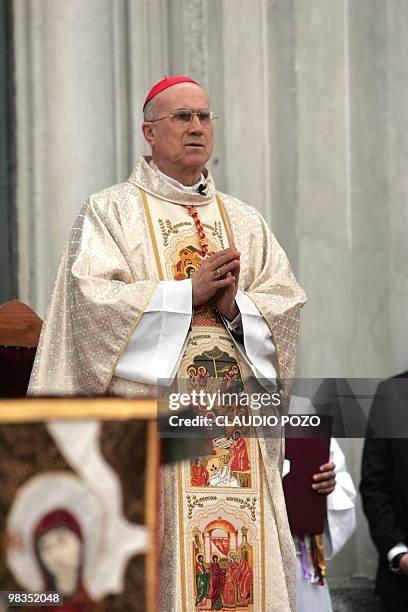 Vatican's Cardinal Secretary of State Tarcisio Bertone officiates a mass in Concepcion, some 500 km south of Santiago on Abril 09, 2010. A massive...