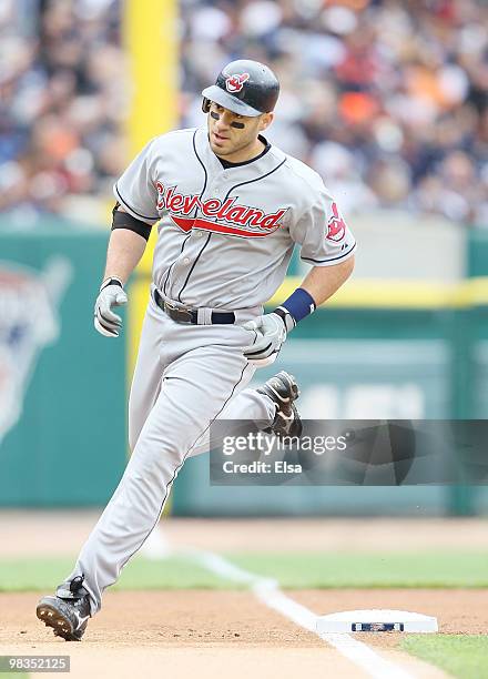 Travis Hafner of the Cleveland Indians rounds third after he hit a solo home run in the second inning againt the Detroit Tigers on April 9, 2010...