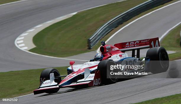 Vitor Meira of Brazil races thru turn two during practice for the IRL IndyCar Series Grand Prix of Alabama at the Barber Motorsports Park on April 9,...