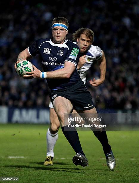 Jamie Heaslip, the Leinster number 8 charges forward during the Heinken Cup quarter final match between Leinster and Clermont Auvergne at the RDS on...