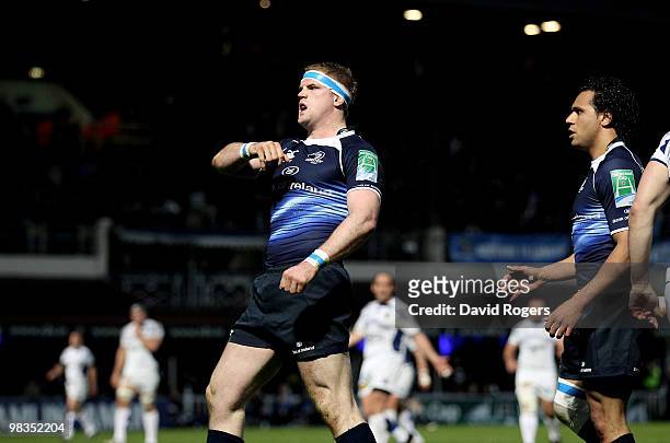 Jamie Heaslip, the Leinster number 8 celebrates after scoring his first try during the Heinken Cup quarter final match between Leinster and Clermont...