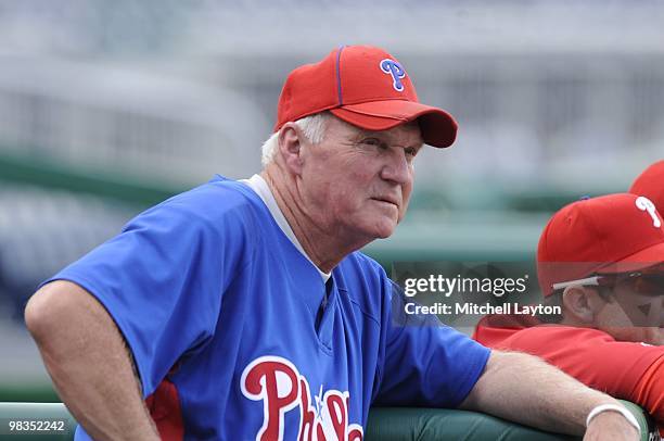 Charlie Manuel, manager of the Philadelphia Phillies, looks on during batting practice of a baseball game against the Washington Nationals on April...