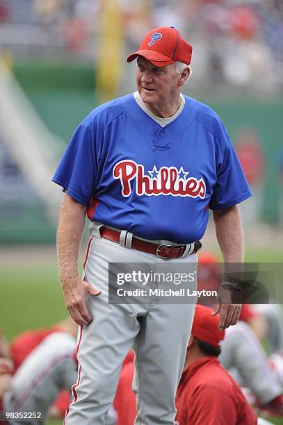 Charlie Manuel, manager of the Philadelphia Phillies, looks on during batting practice of a baseball game against the Washington Nationals on April...