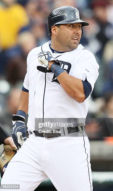 Gerald Laird of the Detroit Tigers scores a run against the Cleveland Indians on April 9, 2010 during Opening Day at Comerica Park in Detroit,...