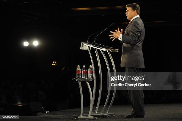 Texas Governor Rick Perry speaks to delegates at the Southern Republican Leadership Conference, April 9, 2010 in New Orleans, Louisiana. Many of the...