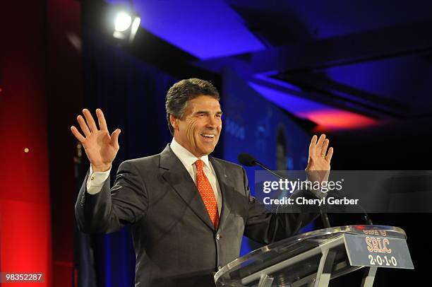 Texas Governor Rick Perry speaks to delegates at the Southern Republican Leadership Conference, April 9, 2010 in New Orleans, Louisiana. Many of the...