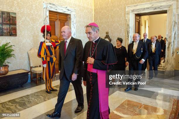 Governor-General of the Commonwealth of Australia Peter Cosgrove and his wife Lady Lynne Cosgrove arrive at the Apostolic Palace for an audience with...