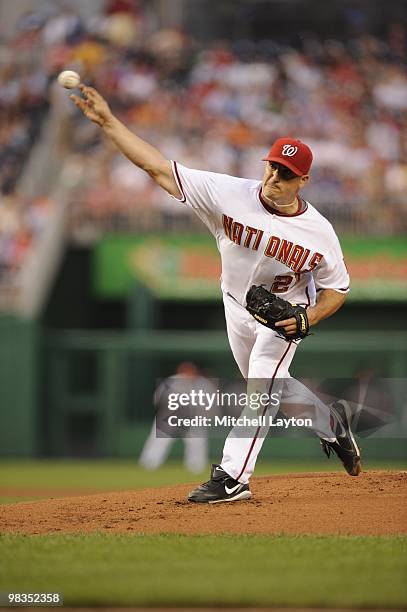 Jason Marquis of the Washington Nationals pitches during a baseball game against the Philadelphia Phillies on April 7, 2010 at Nationals Park in...