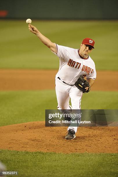 Jason Marquis of the Washington Nationals pitches during a baseball game against the Philadelphia Phillies on April 7, 2010 at Nationals Park in...