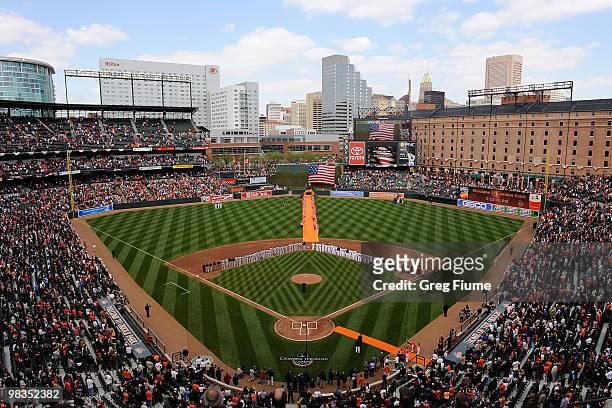 The Baltimore Orioles and the Toronto Blue Jays line up for the National Anthem on Opening Day at Camden Yards on April 9, 2010 in Baltimore,...