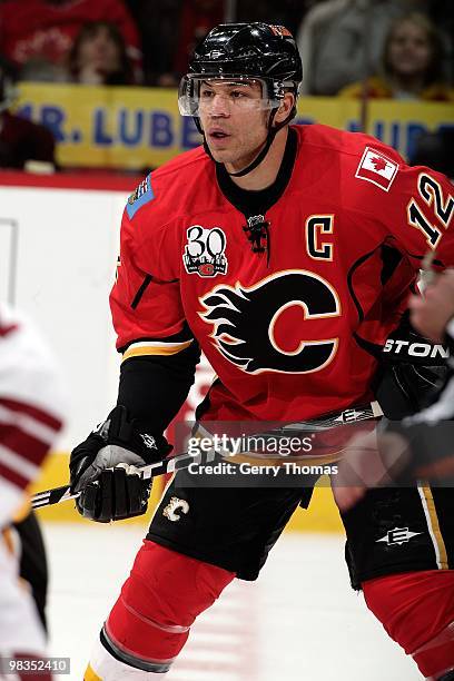 Jarome Iginla of the Calgary Flames skates against the Phoenix Coyotes on March 31, 2010 at Pengrowth Saddledome in Calgary, Alberta, Canada. The...