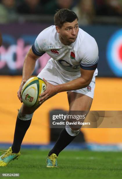Ben Youngs of England looks to pass the ball during the third test match between South Africa and England at Newlands Stadium on June 23, 2018 in...
