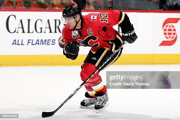 Jarome Iginla of the Calgary Flames skates against the Phoenix Coyotes on March 31, 2010 at Pengrowth Saddledome in Calgary, Alberta, Canada. The...