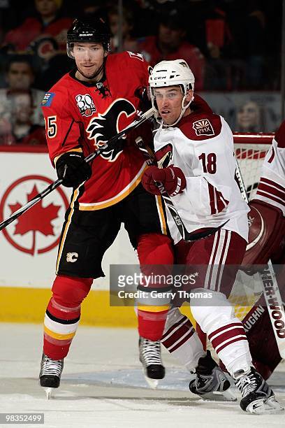 David Moss of the Calgary Flames battles for position against Sami Lepisto of the Phoenix Coyotes on March 31, 2010 at Pengrowth Saddledome in...