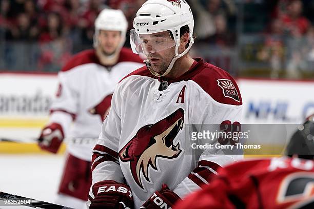 Steve Staios of the Calgary Flames waits for a face off against the Phoenix Coyotes on March 31, 2010 at Pengrowth Saddledome in Calgary, Alberta,...