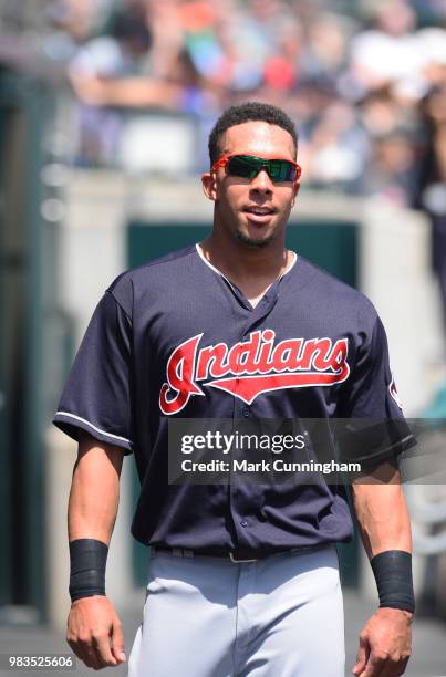 Michael Brantley of the Cleveland Indians looks on during the game against the Detroit Tigers at Comerica Park on May 16, 2018 in Detroit, Michigan....