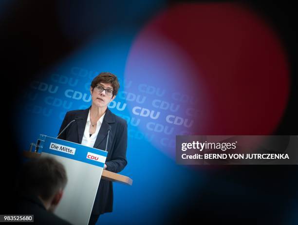 Christian Democratic Union Secretary General Annegret Kramp-Karrenbauer holds a press conference after a meeting of the CDU party presidium in Berlin...