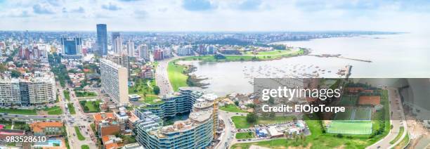 aerial view, high angle view of montevideo's coastline, puertito del buceo, pocitos neighbourhood, uruguay - buceo stockfoto's en -beelden