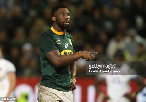 Siya Kolisi, the South Africa captain, looks on during the third test match between South Africa and England at Newlands Stadium on June 23, 2018 in...