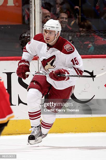 Matthew Lombardi of the Phoenix Coyotes skates against the Calgary Flames on March 31, 2010 at Pengrowth Saddledome in Calgary, Alberta, Canada. The...