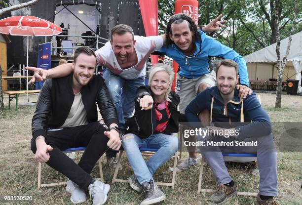 Christiane Meissnitzer poses backstage with band during the Donauinselfest DIF 2018 Wien at Donauinsel on June 24, 2018 in Vienna, Austria.
