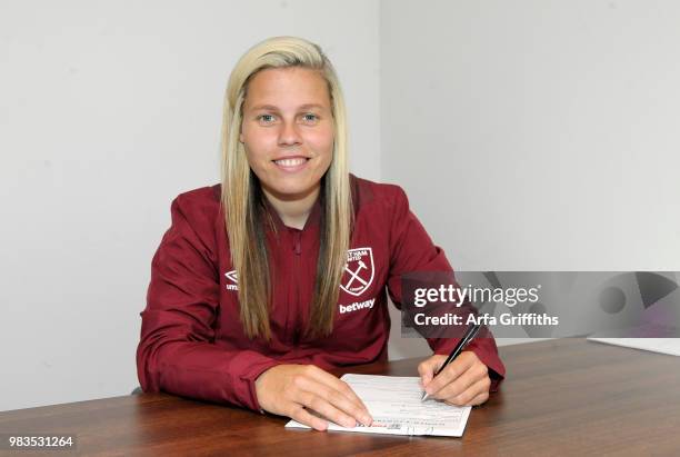 West Ham United Ladies Unveil New Signing Gilly Flaherty of West Ham United at Rush Green on June 25, 2018 in Romford, United Kingdom.