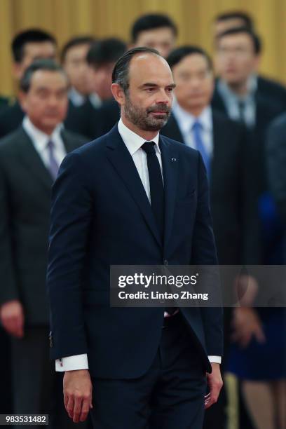 French Prime Minister Edouard Philippe looks on during a welcoming ceremony inside the Great Hall of the People on June 25, 2018 in Beijing, China....