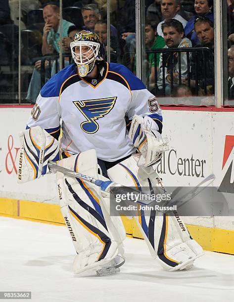 Chris Mason of the St. Louis Blues minds the net against the Nashville Predators on April 1, 2010 at the Bridgestone Arena in Nashville, Tennessee.