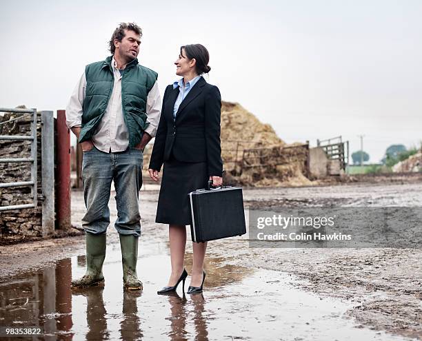 business woman talking to farmer - business shoes stockfoto's en -beelden