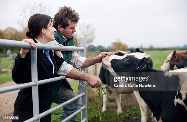 business woman talking to farmer - colin hawkins 個照片及圖片檔