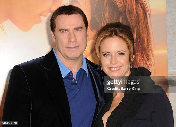 Actor John Travolta and wife actress Kelly Preston arrive at the Los Angeles Premiere "The Last Song" at ArcLight Cinemas on March 25, 2010 in...