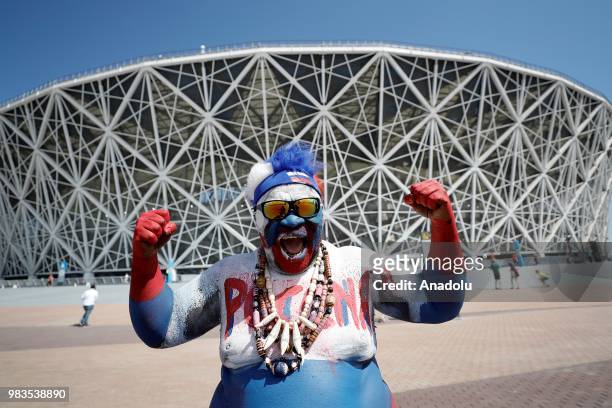 Football fan Zomo, from Cameroon arrives at the Volgograd Arena to follow the 2018 FIFA World Cup Russia Group A match between Saudi Arabia and Egypt...