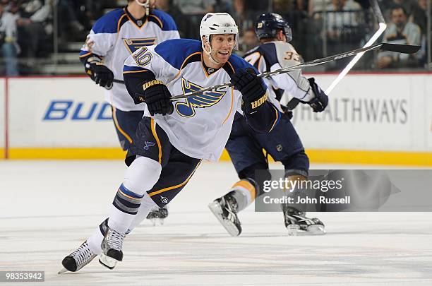 Andy McDonald of the St. Louis Blues skates against the Nashville Predators on April 1, 2010 at the Bridgestone Arena in Nashville, Tennessee.